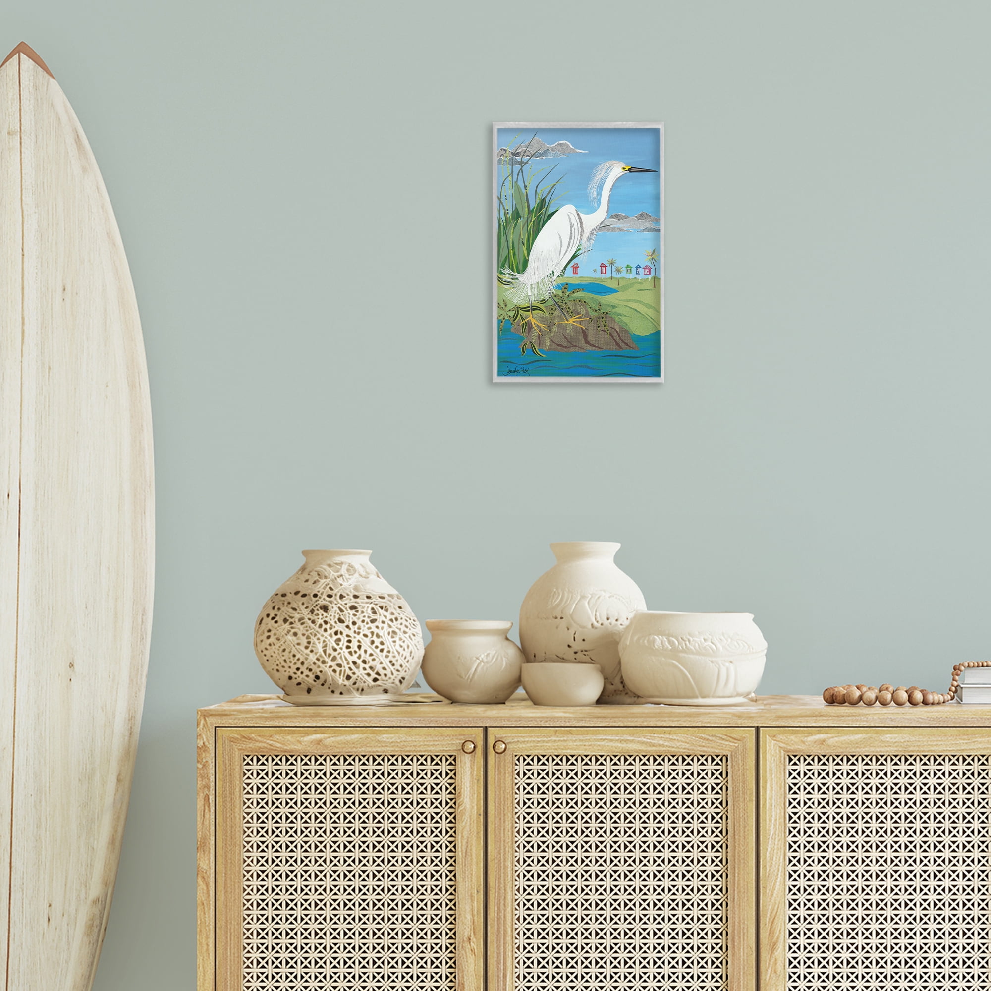 Stupell Industries Egret Perched on Shore Animals & Insects Painting Gray Framed Art Print Wall Art, 12 x 18
