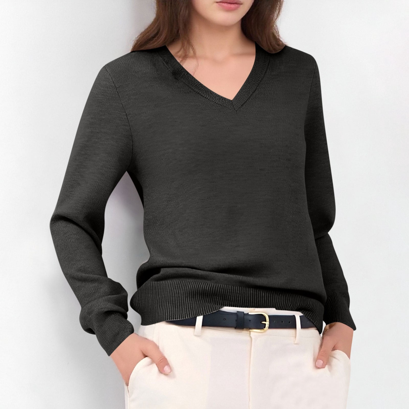 Hvot&aat Womens Solid Color Knitting Sweater Long Sleeve V Neck Classic Pullover Soft Lightweight Tops