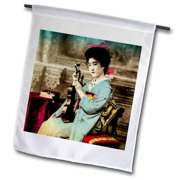 3dRose, Vintage Japanese Geisha with a Violin in Old Japan, 12 x 18 inch Garden Flag