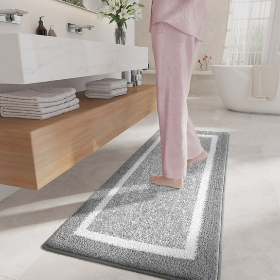 PABUBE Bathroom Rug, Soft Absorbent Bathroom Mat and Bath Mat, Premium Microfiber Shag Bath Rug Machine Washable (24"x43",Gray and White)