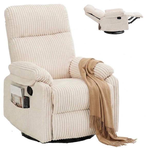 Manual Small Recliner Rocking Chair For Nursery/relaxation, Corduroy Swivel Glider Recliner For Living Room Bedroom, Brown Rocking Chair Nursery Recliners For Small Spaces, Side Pockets(beige)
