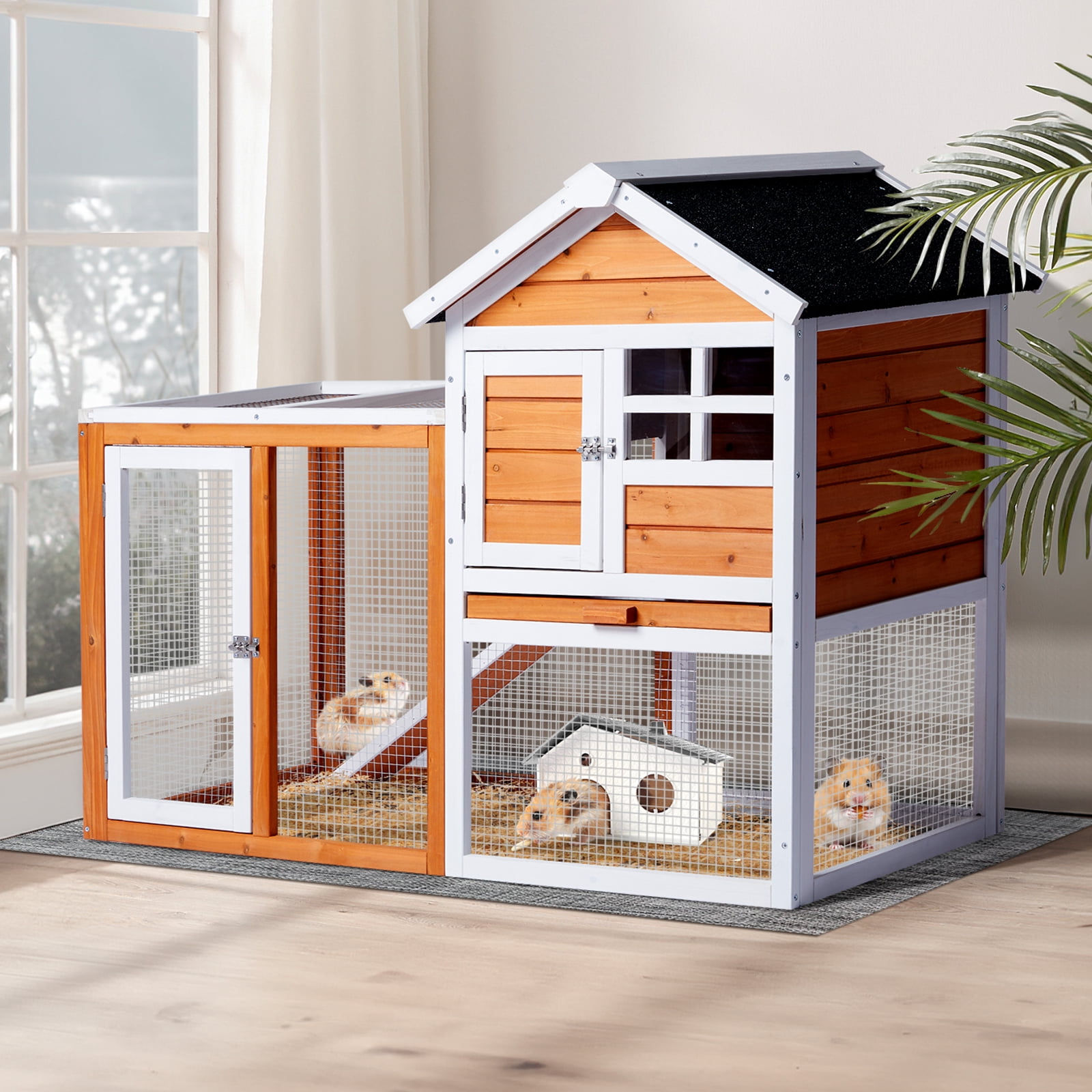 Wooden Rabbit Hutch Outdoor Chicken Coop Indoor Bunny Cage with Run, Guinea Pig House Pet House with Pull Out Upper Tray, Orange