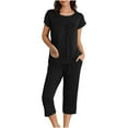 thumbnail image 3 of VBTAPA Womens Pajama Sets Short Sleeve Pleated Top and Capri Pants Matching Pjs Set Soft Comfy Sleepwear Solid Color Lounge Sets with Pockets Black XL, 3 of 8