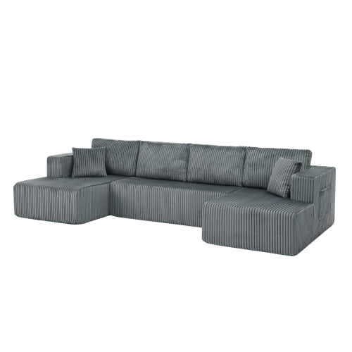 132" U-Shaped Modular Sectional Sofa, Compressed Cloud Couch with Side Pockets, Corduroy Memory Foam Sleeper Sofa, No Assembly Required, Gray