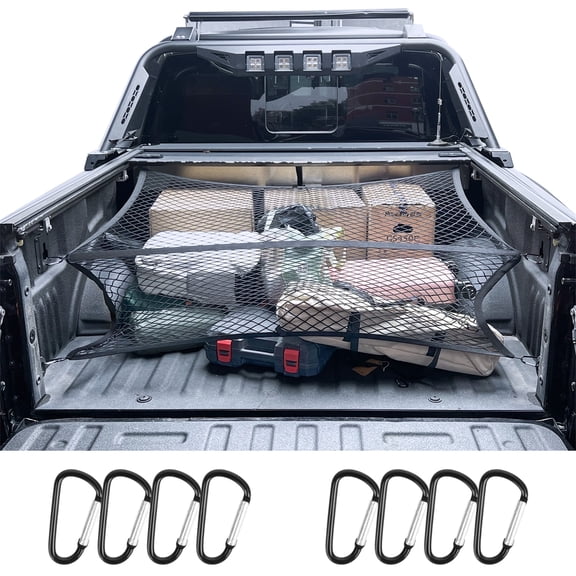 DIAMOOKY 7ft x 7ft Truck Bed Net, Universal Adjustable Elastic Mesh Organizer, Heavy Duty Cargo Net for Pickup Truck Bed, with 8 Hooks - Single Layer