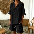 thumbnail image 2 of 2 Piece Short Sets For Women,Summer Vacation V Neck Short Sleeve Beach Outfits Button Down Shirts For Women And Shorts Black L, 2 of 4
