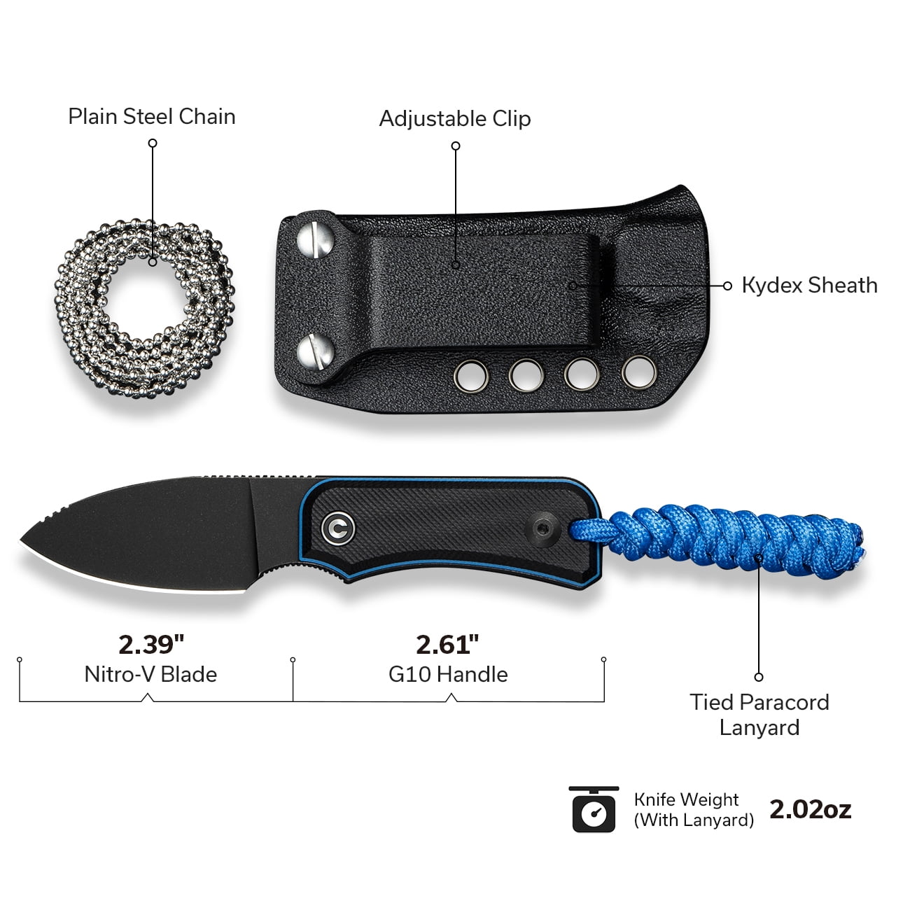 CIVIVI Edc Fixed Blade Knife with Kydex Sheath & Clip, 2.39" Nitro-V Blade G10 Handle Small Baby Banter Camping Hiking Knife Designed by Ben Petersen, Lanyard and Chain Included C23045-1 (Black)