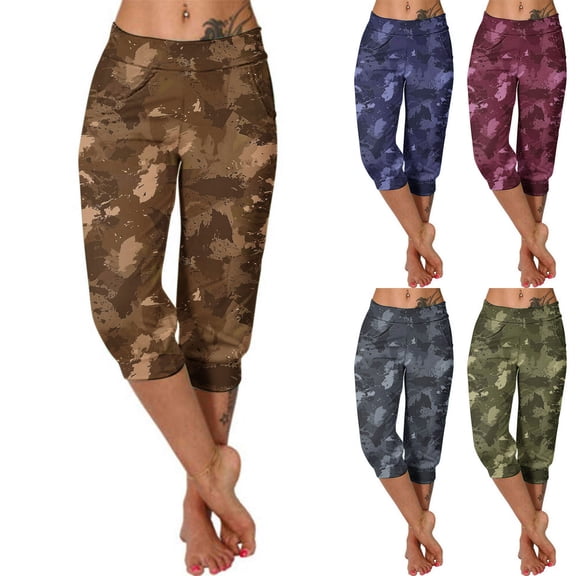 Oksale Camo Capris for Women Stretchy Low Rise Yoga Capri Pants Slim Straight Leg Cropped Trousers for Workout Wine L