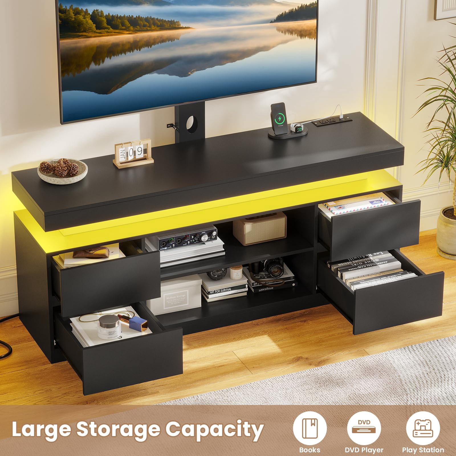 Afuhokles TV Stand with Mount and Power Outlet, TV Mount for TVs up to 75 inch TV, Modern LED TV Stand with Shelves and 4 Drawers, Black