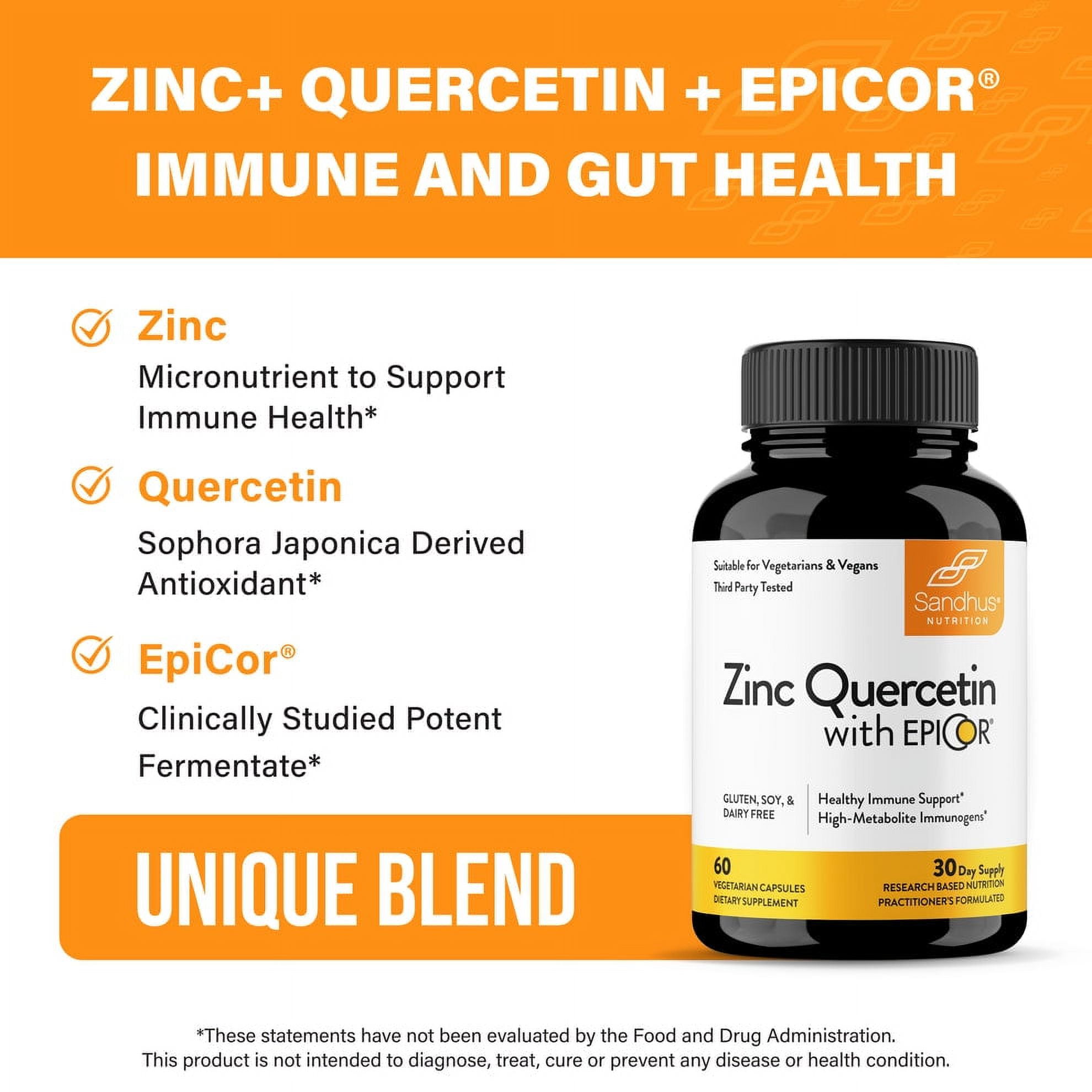 SANDHU'S Zinc with 200mg Quercetin, 500mg EpiCor® (Fermentate) - Year-Round Immune Support Wellness, 30 Servs