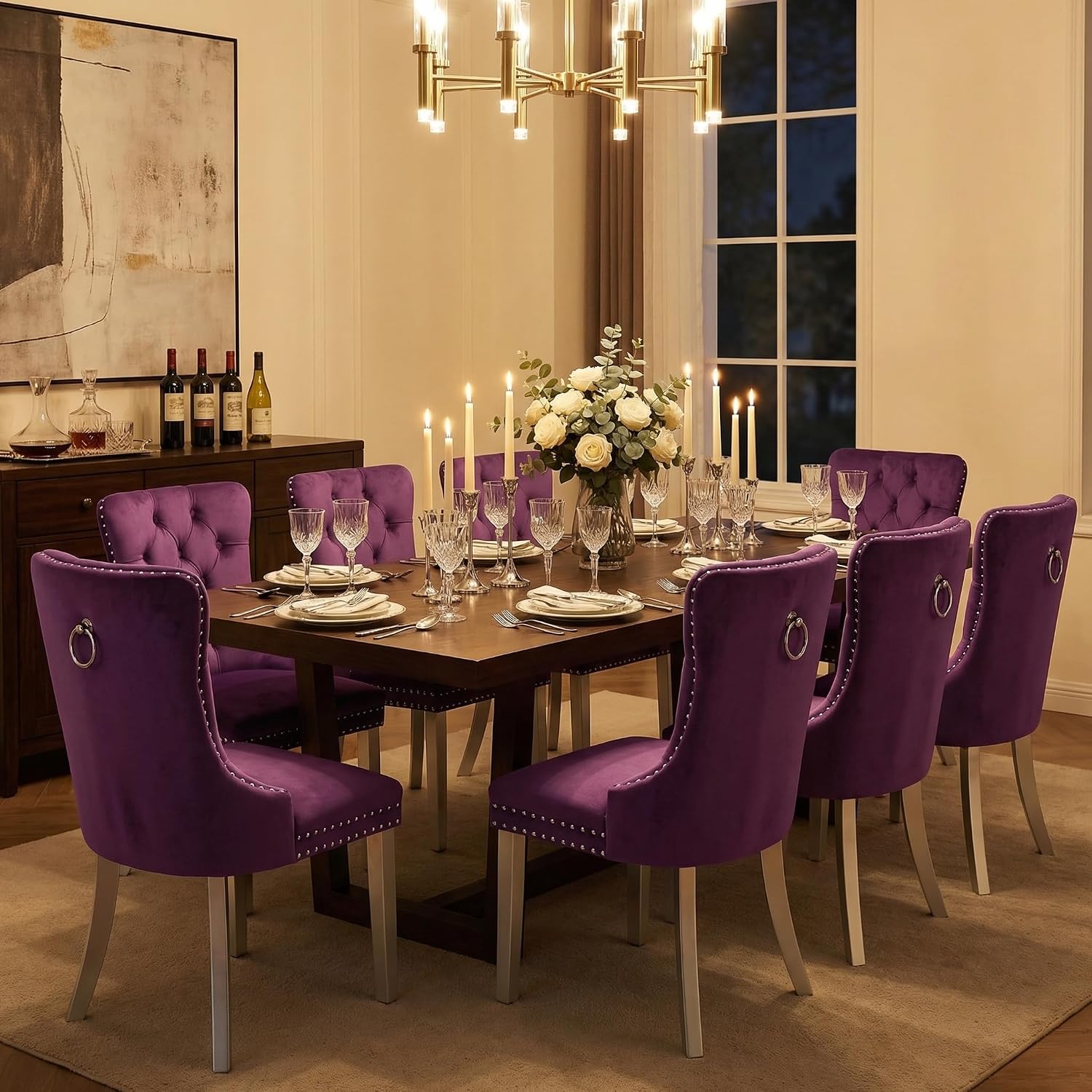 Collection Tufted Velvet Dining Chair, Nailhead Trim, Solid Wood Legs, Set of 2