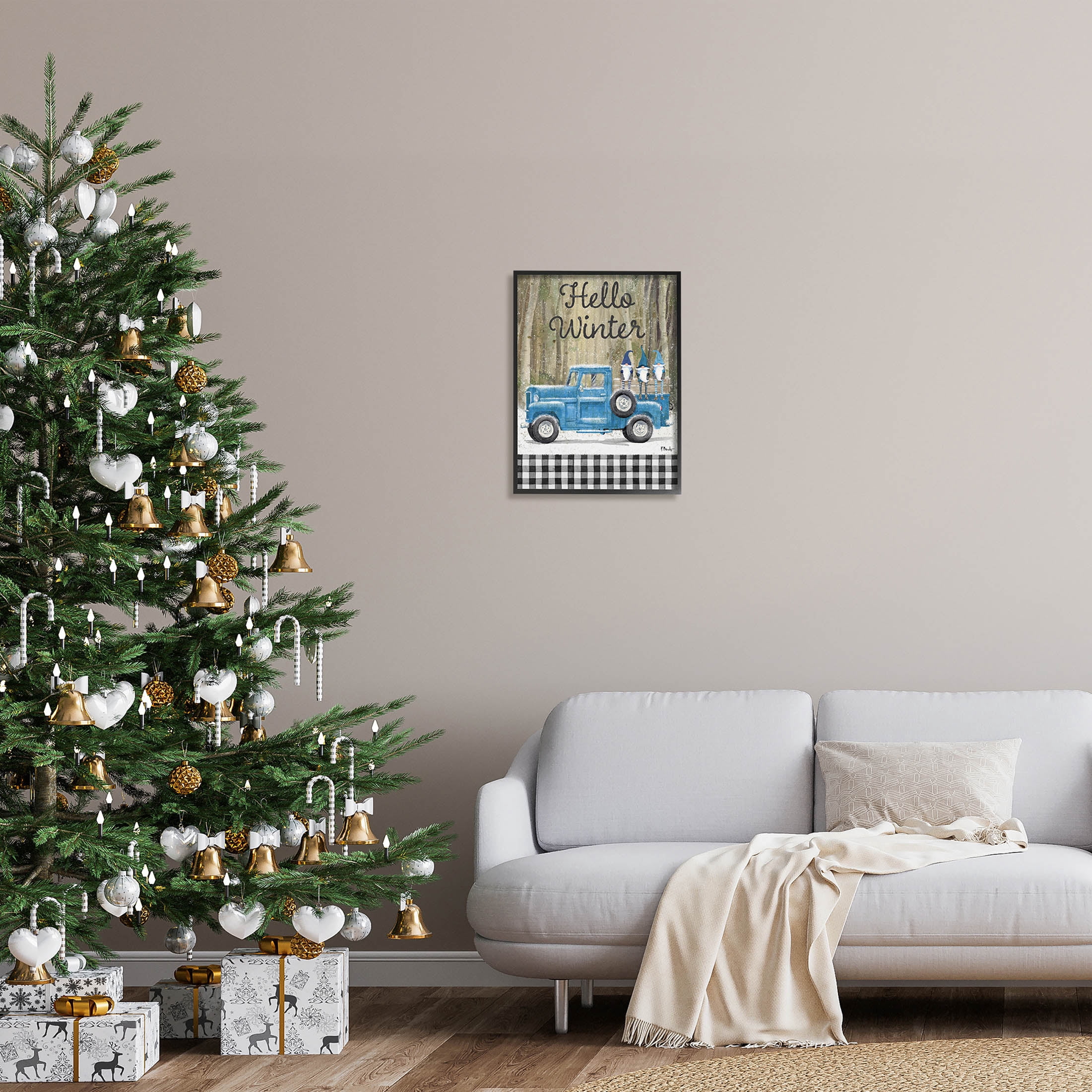 Stupell Industries Hello Winter Plaid Gnomes Graphic Art Black Framed Art Print Wall Art, Design by Paul Brent