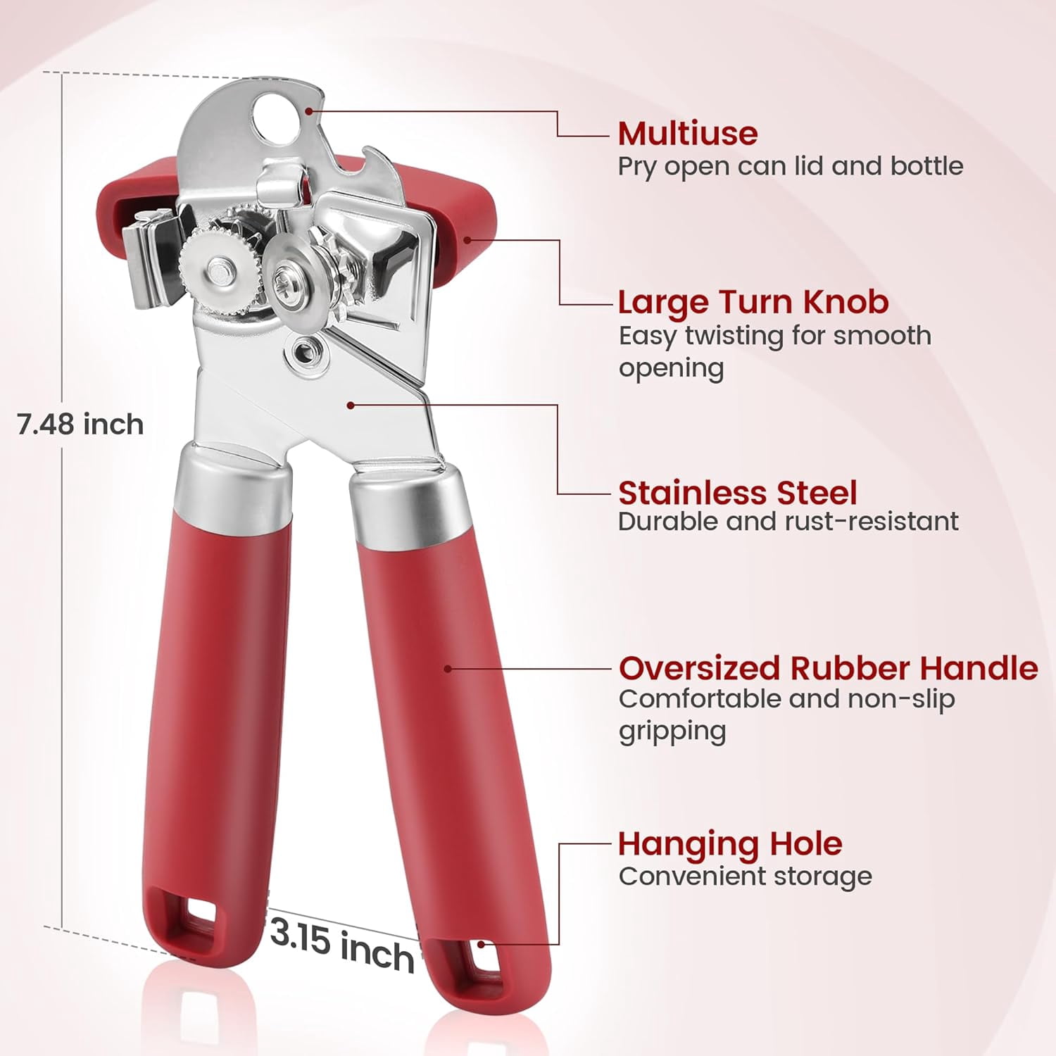 FRKSMD-Manual Can Opener Smooth Edge with Magnet, Stainless Steel Handheld Strong Can Bottle Opener, Extra Shape Cutting Blade&Large Turn Knob, Multifunctional 4 In 1 Kitchen Tool for Seniors, Red