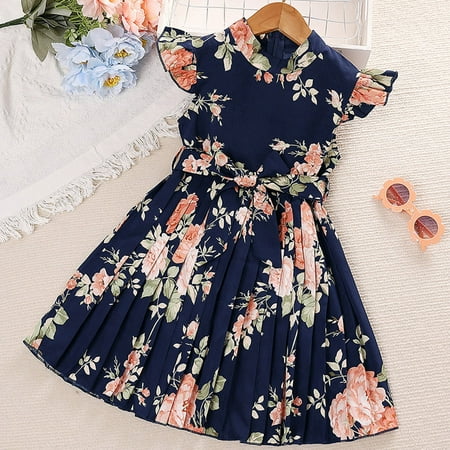 

kpoplk Girls Dresses Girls Child Fly Sleeve Flowers Prints Ruffles Summer Beach Sundress Party Dresses Baby Girl Dresses(Blue)