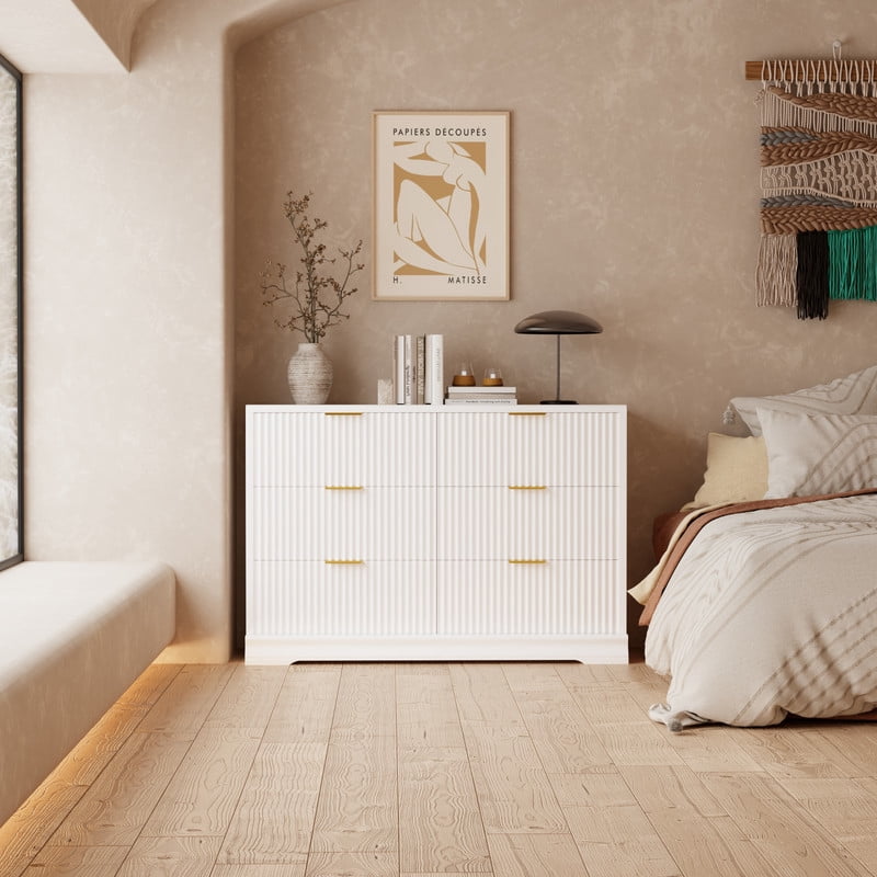 Lacoo 6 Drawer Fluted Dresser, Modern Ribbed Chest of Drawers with Gold Handles, Large Storage Dresser TV Stand for 50" TV
