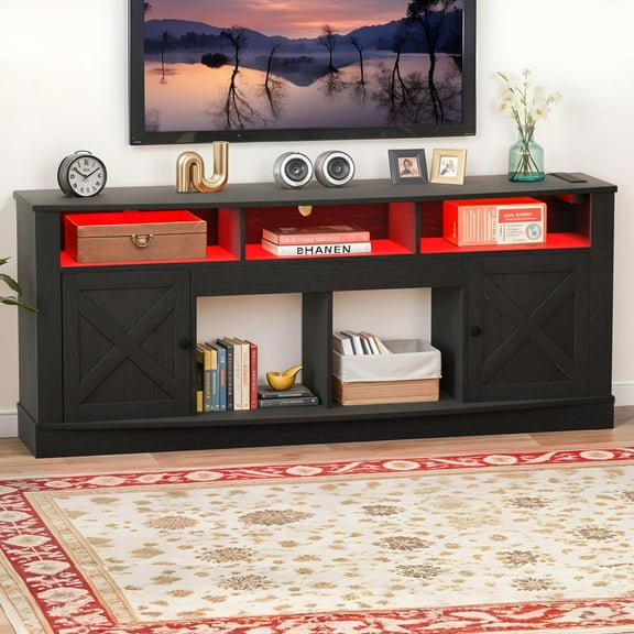 Uforic 70'' TV Stand for 80-Inch TV, Entertainment Center with Multi-Color LED Lighting, Charging Outlets, & Plenty of Storage for Living Room, Black