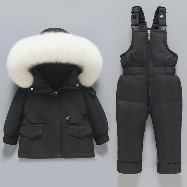 FAIWAD Filles Garçons Ensemble de Neige 2 Pcs Tout-Petit Hiver Chaud Manteau Doudoune à Capuche avec Salopette Pantalon Coupe-Vent Ensemble de Ski