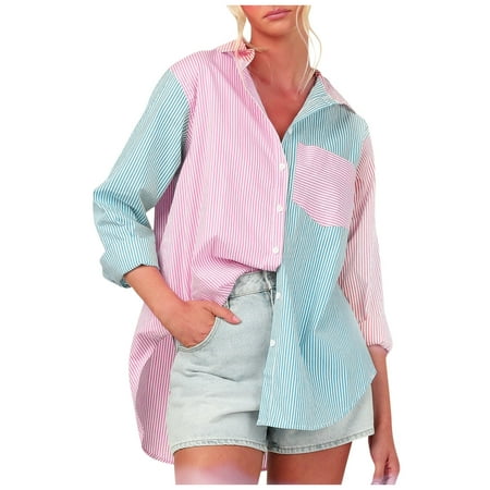 

Bospose Long Sleeve Crop Top Women V-Neck Shirt Corset Top Satin Shirt Pink Top Women S Socket Stripe Commute Blouses Shirt Tops Print Single-Breasted Shirt S