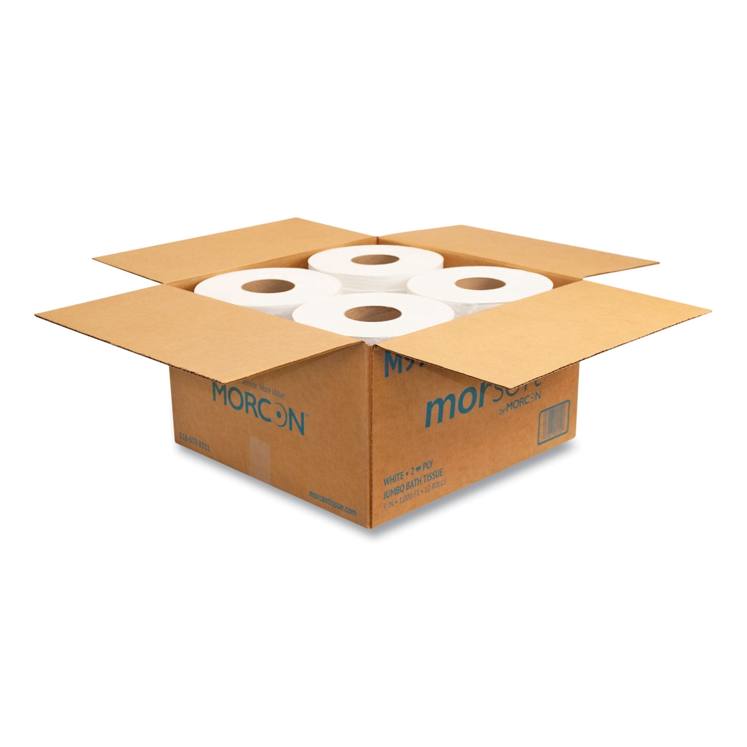 Morcon Tissue Jumbo Toilet Paper, Septic Safe, 2-Ply, White, 3.3" x 1,000 ft, 12/Carton