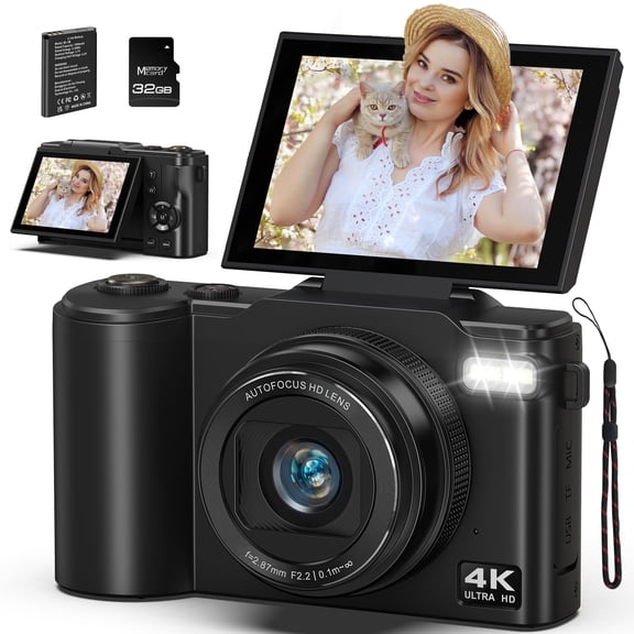 Digital Camera 4K 64MP Vlogging Camera for Photography, 18x Zoom, Autofocus, Flip Screen with 32GB Card