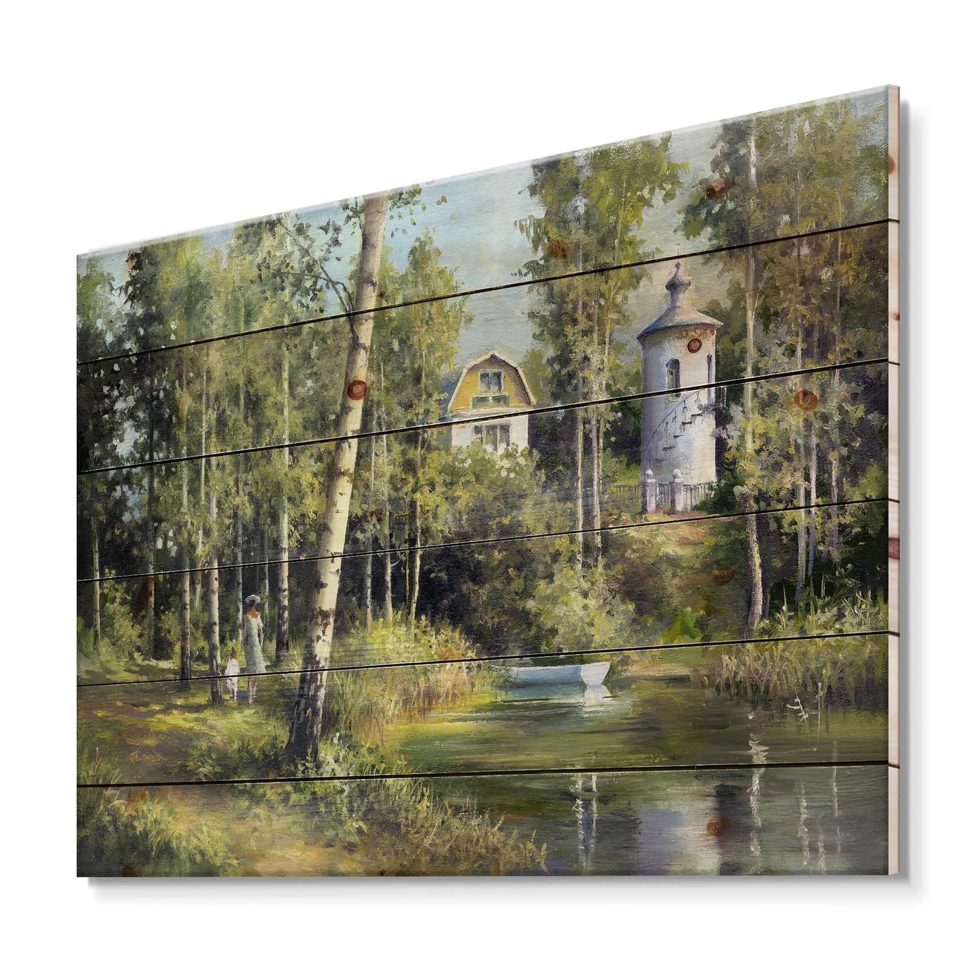 Designart 'The Wood River With Boat On A Decline By The Castle' Lake House Print on Natural Pine Wood