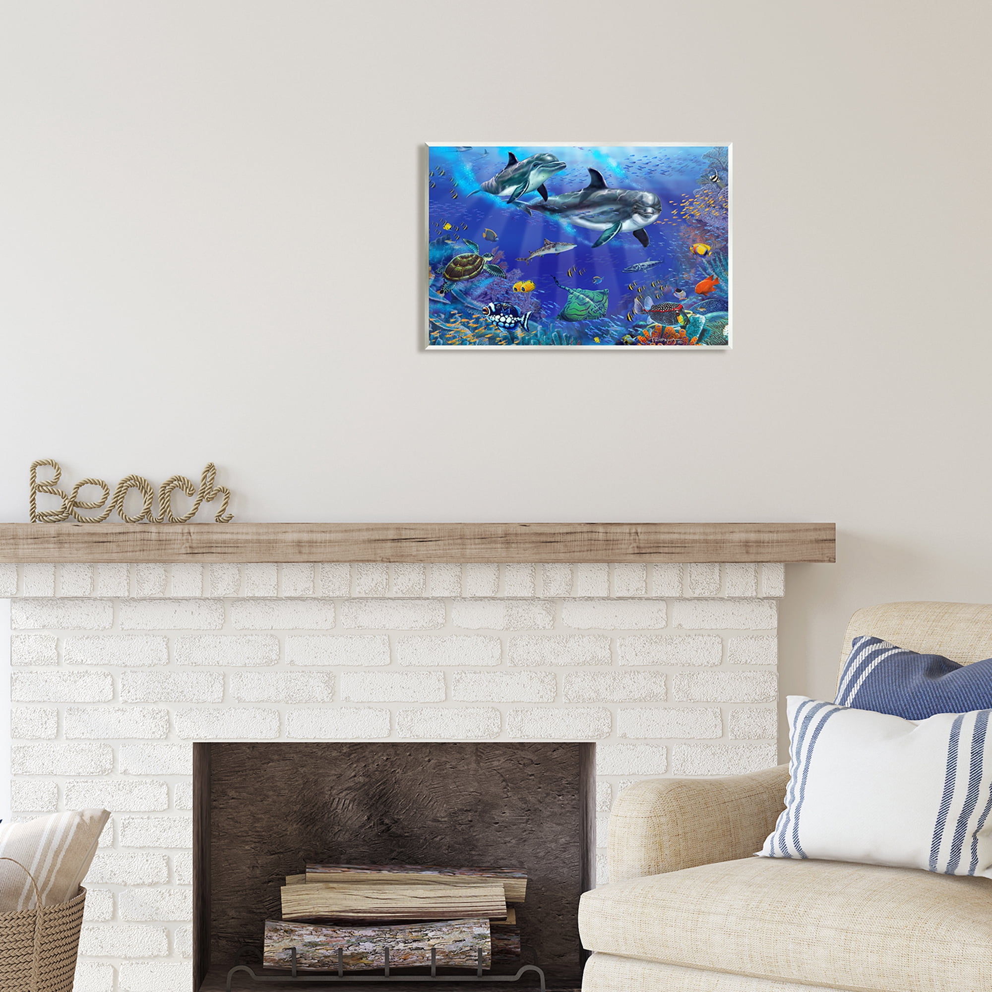 Stupell Industries Underwater Sea Life Scene Dolphins Coastal Painting Unframed Art Print Wall Art