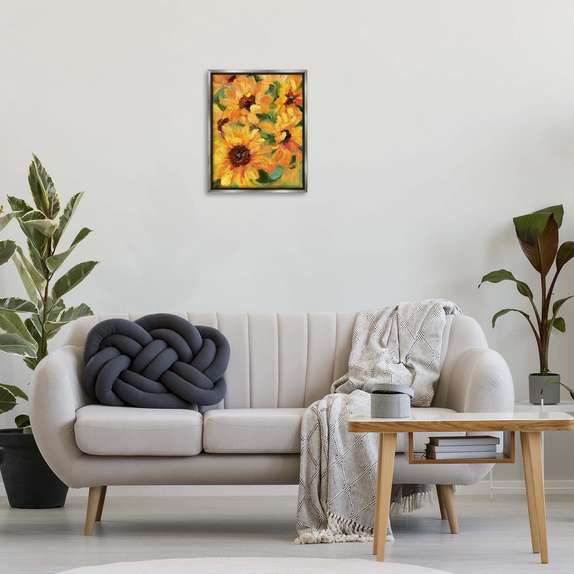 Stupell Industries Sunflower Bunches Pattern Botanical & Floral Painting Gray Floater Framed Art Print Wall Art, 17 x 21