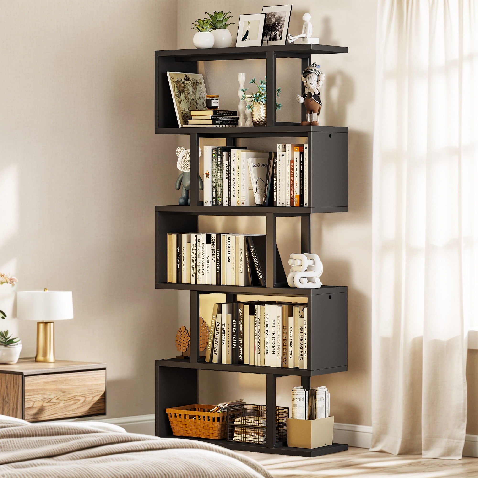 Dextrus 6-Tier S-Shaped Bookshelf , Geometric Tall Bookcase Wooden, Open Display Storage Rack Shelves Freestanding Z-Shelf Open Shelf for Living Room Home Office, Black