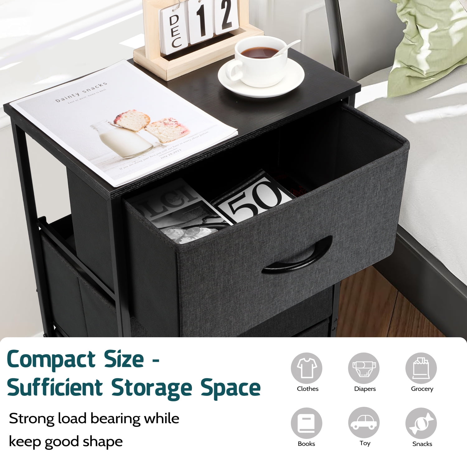 4 Drawers Dresser for Bedroom, Vesteel Fabric Chest of Drawers Tall Storage Tower with Wood Top and Sturdy Steel Frame, Storage Organizer Unit for Closet, Living Room, Hallway - Black