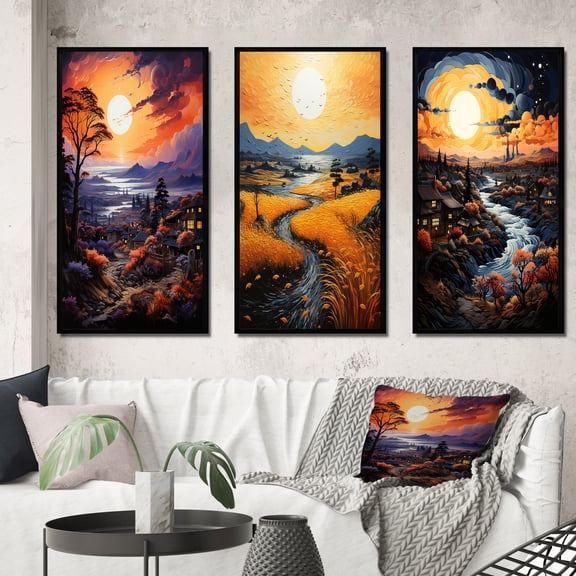 Designart "Post-Impressionist Golden Grain Harvest IV" Vangogh Framed Wall Art Set Of 3 - Yellow Vangogh Frame Canvas Set For Living Room Decor