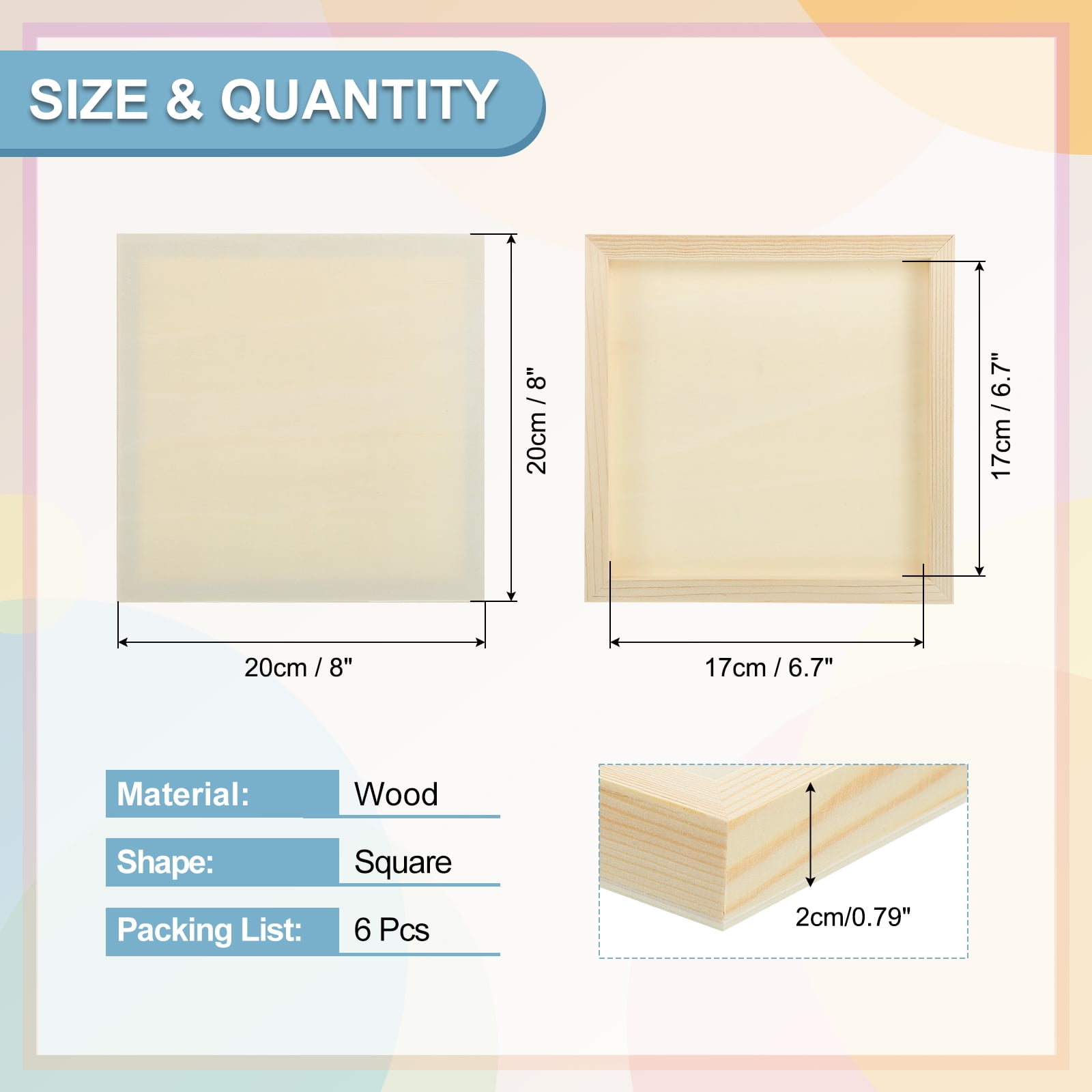 Uxcell 6Pcs Wood Canvas Boards, 8x8 Inch Wood Art Canvases Square Unfinished Wood Panel for Painting, Crafts, DIY Projects, Pouring Art