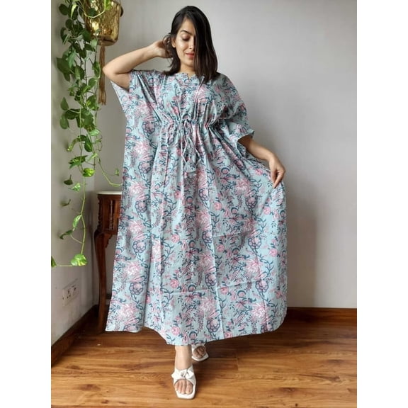 Indian Trendz Women's flower handprint style dye Cotton kaftan in Evening Gown Dress