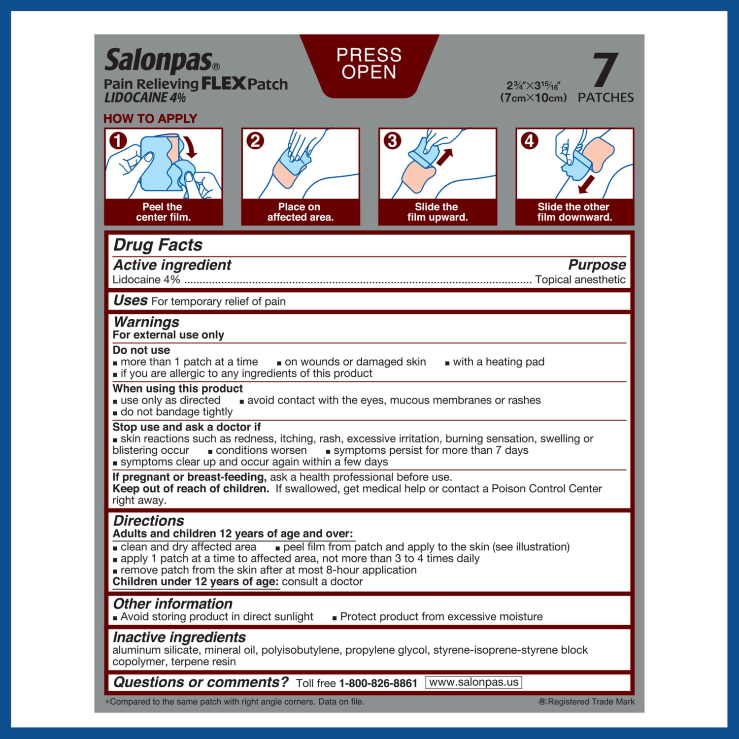 Salonpas Maximum Strength Flex Pain Relief Patch Lidocaine 8 Hour Thin Flexible 7 Count