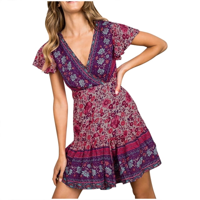 Vestido de Boho Floral Manga Corta Vestida de Cuello en V Mini Vestido de Vestir de Verano en Vestino de Verano Playa Estampado Floral Bohemio Vestido Navideño Odeerbi ODB113363