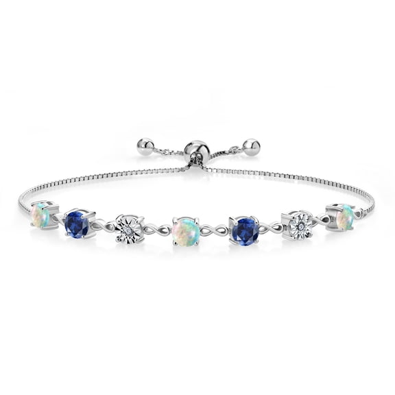 Gem Stone King 2.71 Ct Round Cabochon White Simulated Opal Blue Created Sapphire 925 Sterling Silver Lab Grown Diamond Tennis Bracelet for Women (Fully Adjustable up to 9 inch)