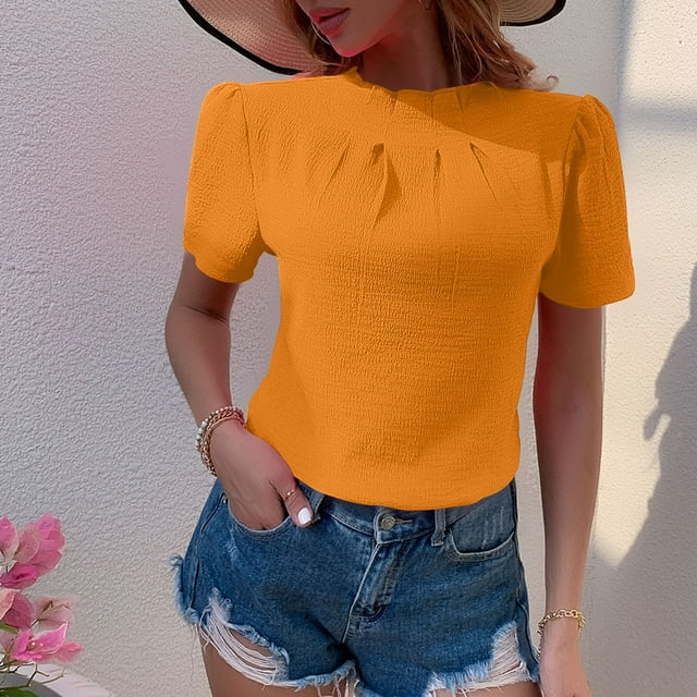 JMKQLZ Women's Fashion Solid Color Summertime Button Short Sleeve Round-Neck Blouses