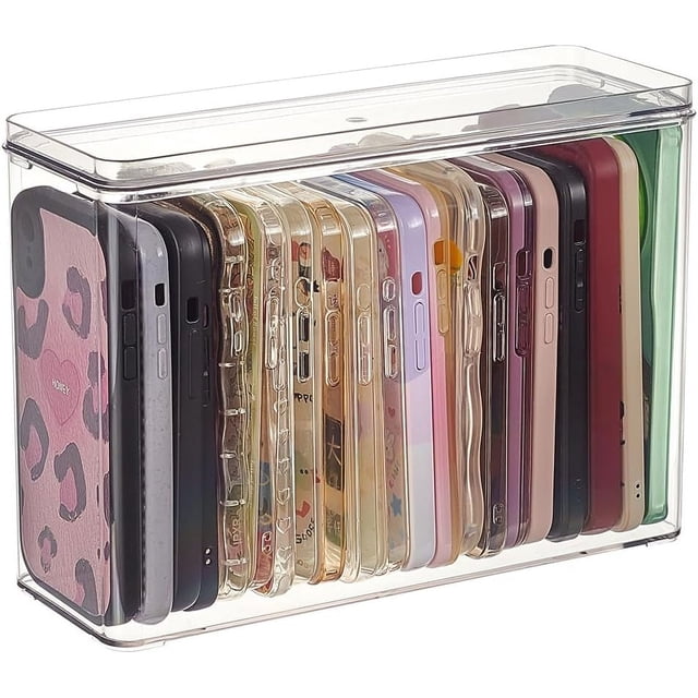 Organizador de fundas transparentes para teléfono, 10 x 3,58 x 7,2 pulgadas, de plástico PET, apilable, rectangular, multifuncional, con tapa.