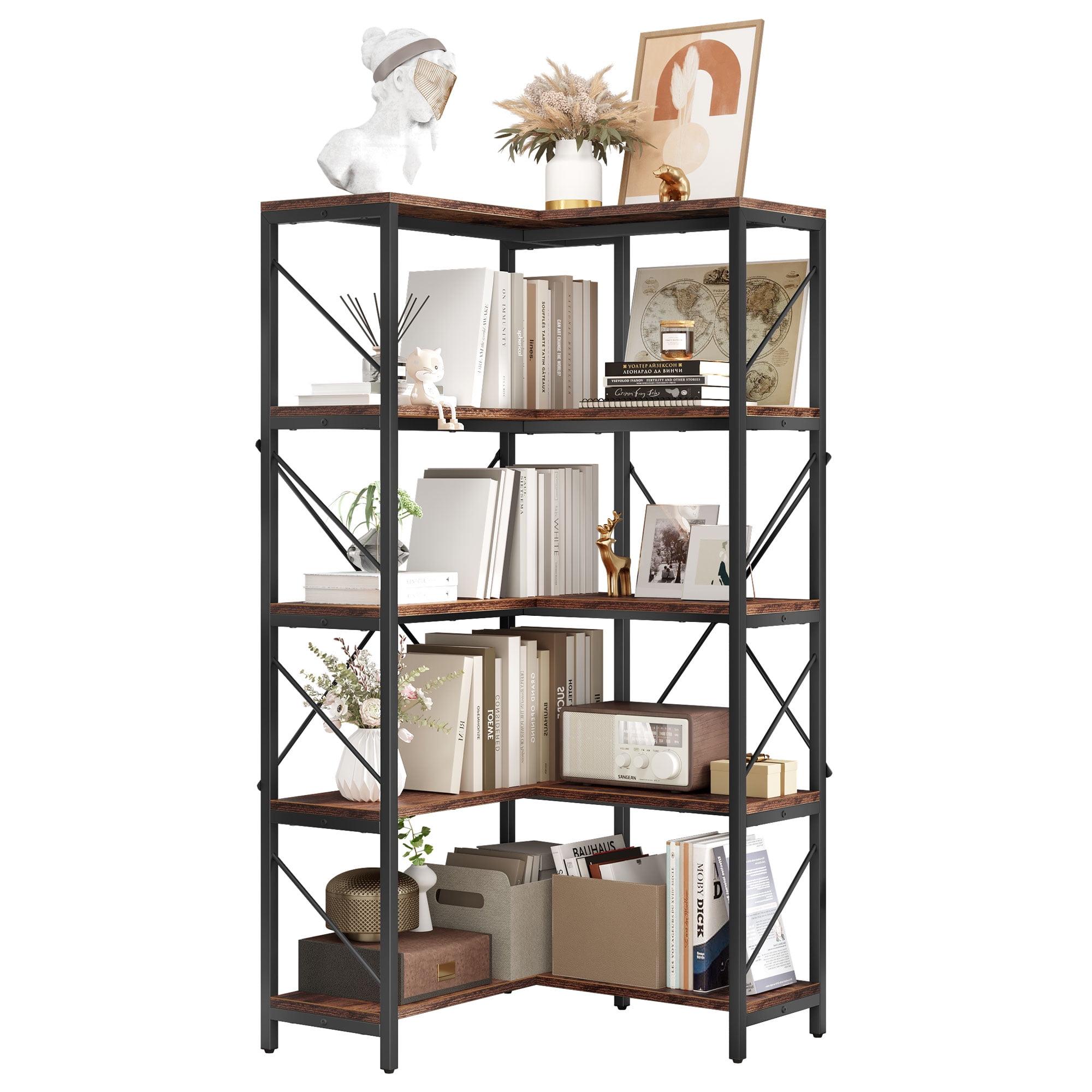 Dextrus 5-Tier L-Shaped Bookcase Storage Organizer, Tall Corner Bookshelf Open Display Freestanding Storage, Brown