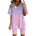thumbnail image 2 of Xihbxyly 2 Piece Shorts Set for Women, Women's Tie-Dye Set Two-Piece Outfits V-Neck Blouse Short Sleeve Tops T Shirts Shorts Set Pink S, 2 of 7
