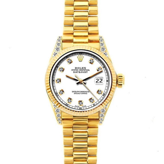 Pre-Owned Rolex Datejust 26MM 69178 White Diamond Dial Fluted Bezel 18K Yellow Gold President Bracelet
