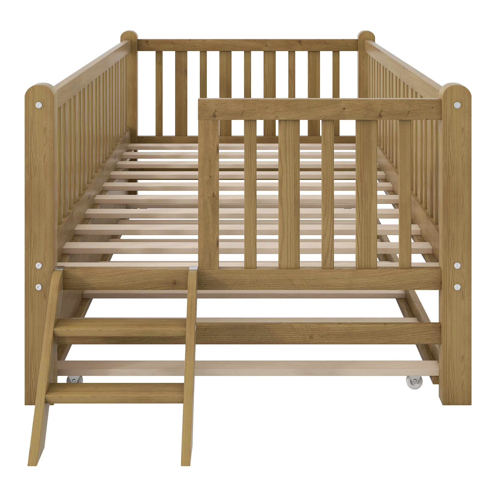 Euroco Wood Twin Size Platform Bed with Trundle, Guardrail Bed for Kids Teens Toddler, Walnut