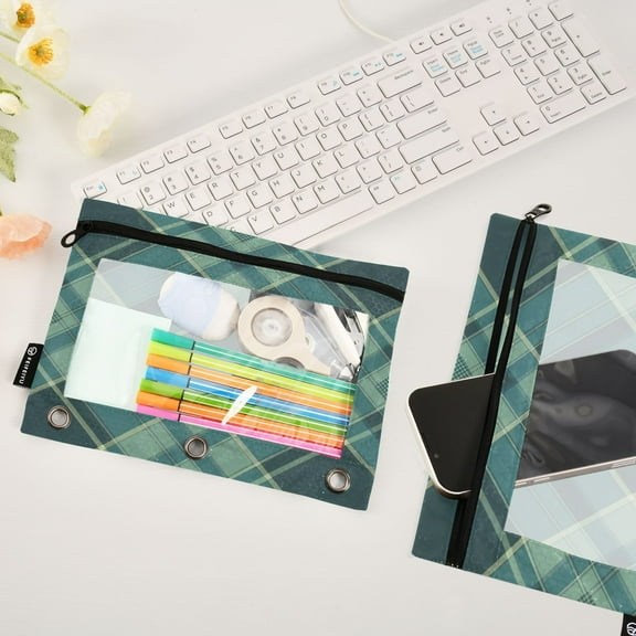 Green Grid Stripe 2 Pack Pencil Pouches Zipper Pencil Case 3 Ring Pencil Pouch Cosmetic Bag