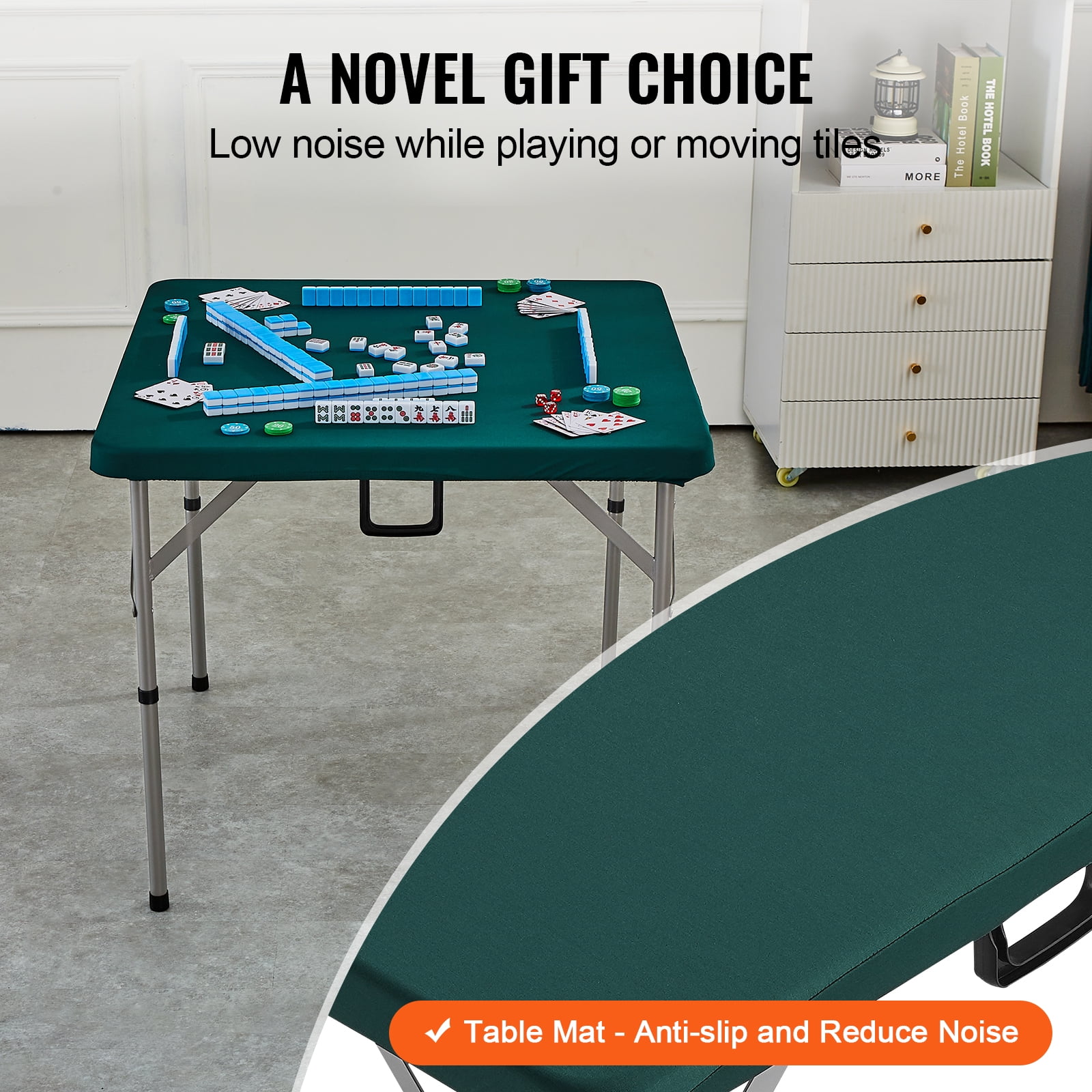 VEVOR Mahjong Table, Fold-in-Half 4 Player Card Table with Wear-Resistant White Tabletop, Portable Bi-Folding Square Domino Table with Carrying Handle for Outdoor Camping Picnic Party, 34 x 34-inch