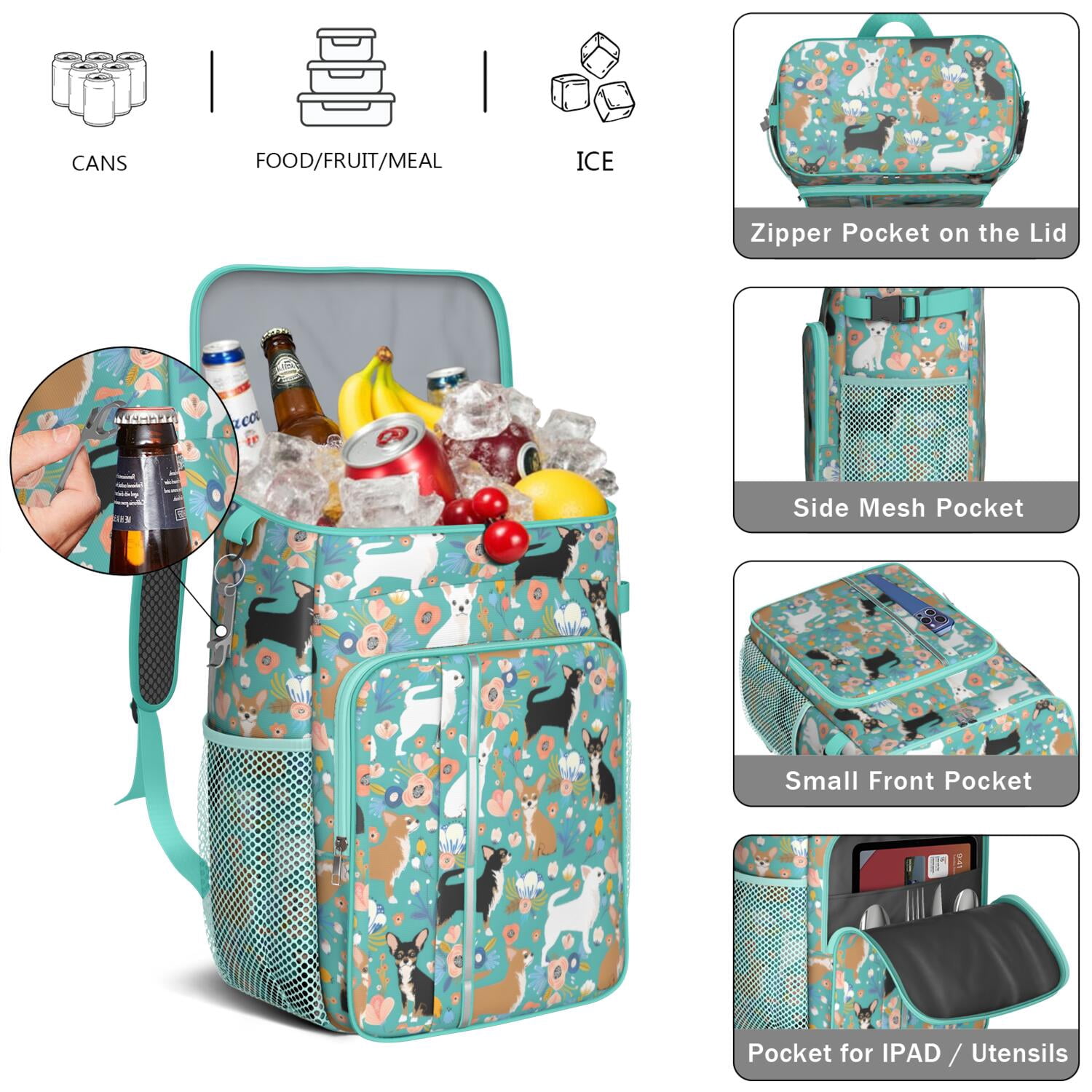 Travel Cooler Bag - Chihuahua and Flower Florals Camping Beer Cooler Backpack with Bottle Opener- Waterproof Insulated Picnic Backpacks - Cooler Bag for Beach