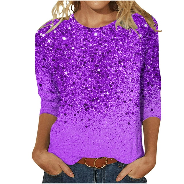 Staron Liquidation Manches 3/4 Hauts pour Femmes Col Rond T-Shirts à Imprimé Scintillant Pailleté T-Shirts Basiques Blouses Tendance Été Mode Décontractée T-Shirts