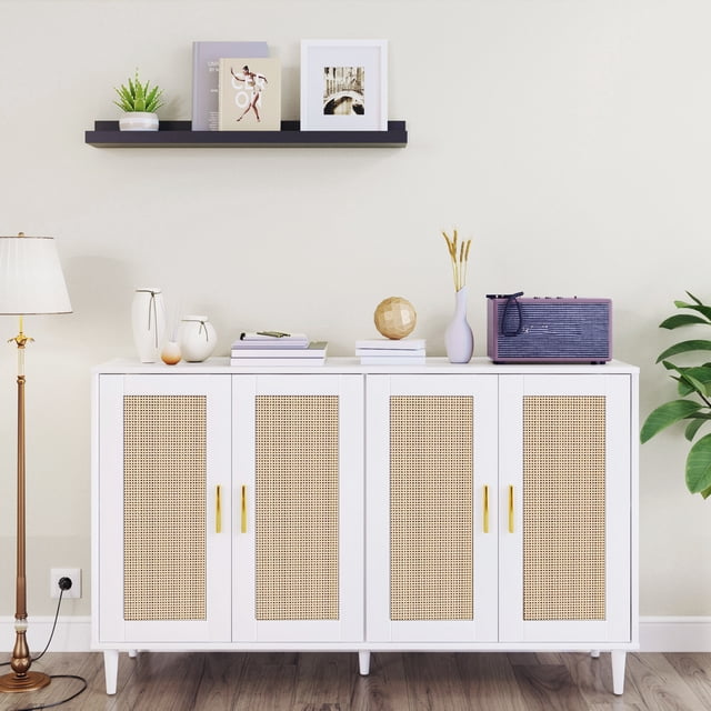 Buffet Storage Cabinet with Rattan Decorating Living Room Wood Kitchen Sideboard Accent Cabinet