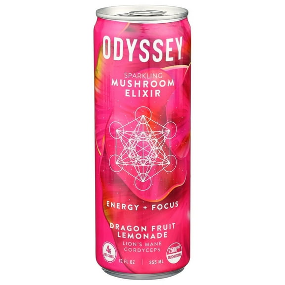 Odyssey Elixir Energy and Focus Sparkling Mushroom Drink, Dragon Fruit Lemonade Flavor 12 Fl oz (Pack of 12)