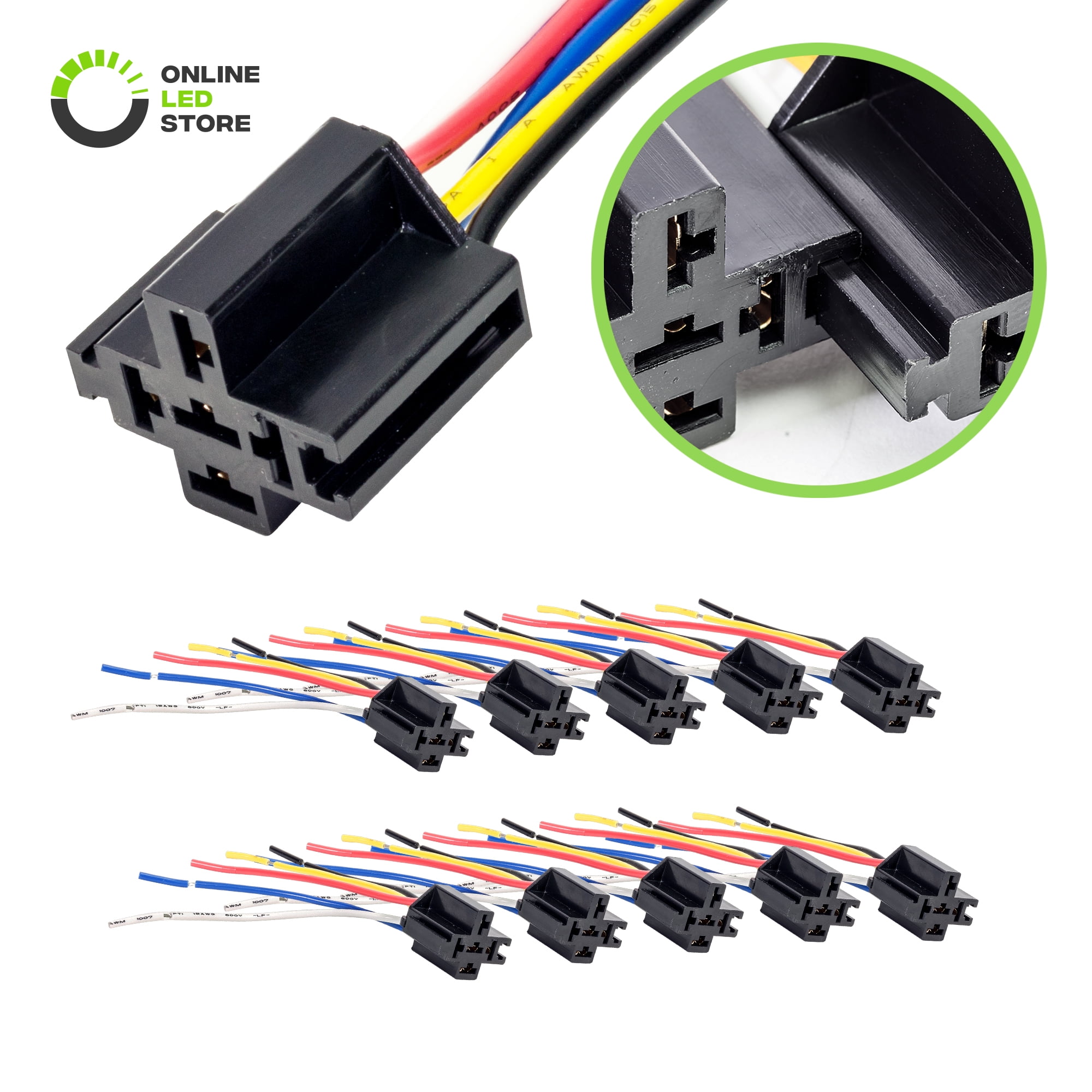 ONLINE LED STORE 10 Pack Bosch Style 12V DC 5-PIN SPDT Interlocking Relay Socket Harness Base with Wires 