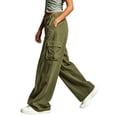 thumbnail image 5 of cocolona Womens Solid Color Casual Loose Cargo Pants Elastic Waist Straight Wide Leg Travel Street Pants with Pockets, 5 of 5