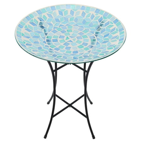 Mosaic Glass Bird Bath, Blue Birdbath, Bird Feeder with Metal Stake, Outdoor Decoration, Gift for Bird Lovers